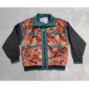Vintage Active Stuff 90s Floral Bomber Jacket Teal Black Gold Starburst Small